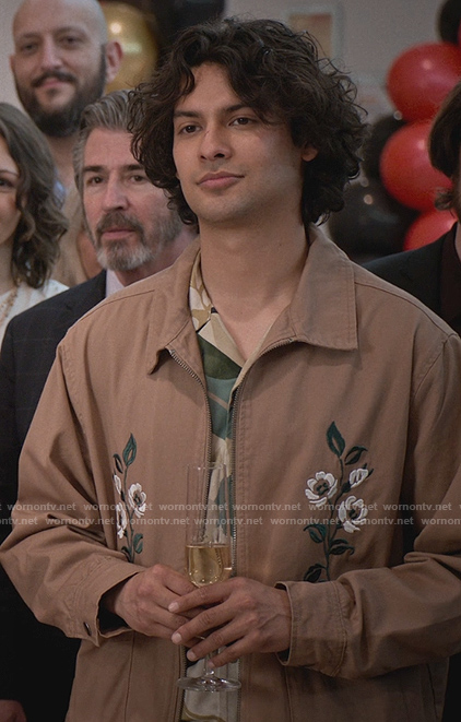 Miguel’s brown floral print jacket on Cobra Kai