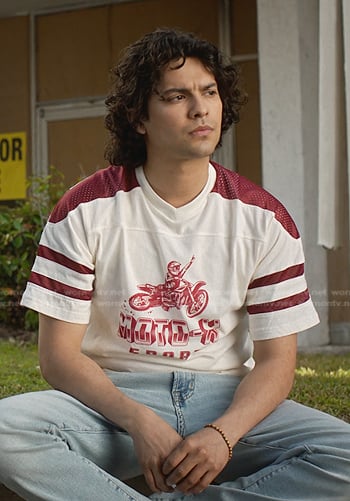 Miguel’s graphic print tee on Cobra Kai