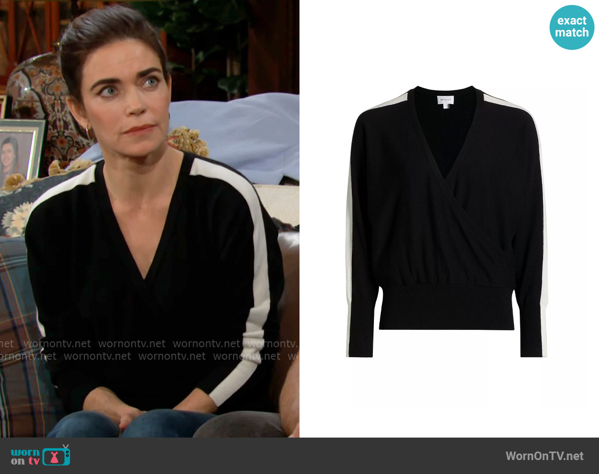 Milly Racer V-Neck Sweater worn by Victoria Newman (Amelia Heinle) on The Young and the Restless