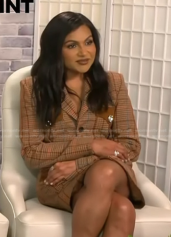 Mindy Kaling’s brown plaid blazer dress on Access Hollywood