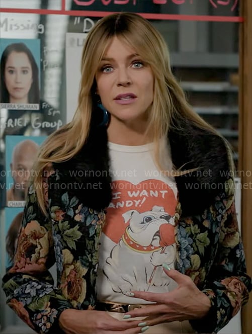 Morgan’s dog I Want Candy t-shirt and floral jacket on High Potential