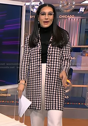 Morgan’s pink check long jacket on NBC News Daily