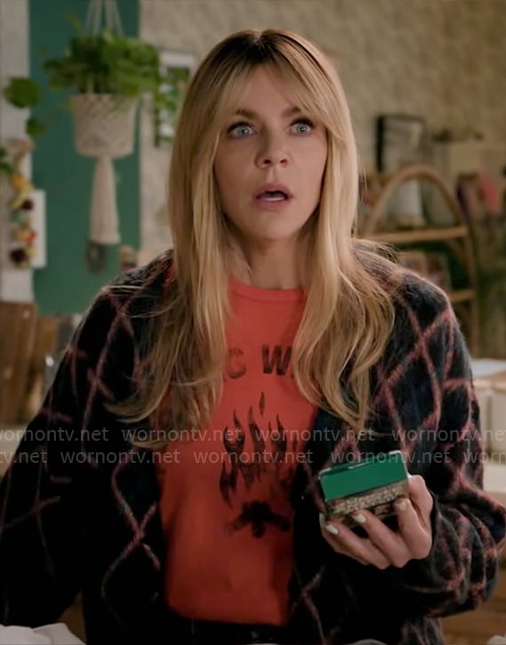 Morgan’s Playing with Fire t-shirt and checked cardigan on High Potential
