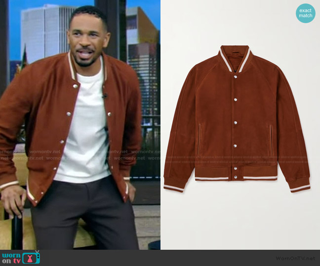 Mr P. Striped Suede Varsity Jacket worn by Damon Wayans Jr on Live with Kelly and Mark