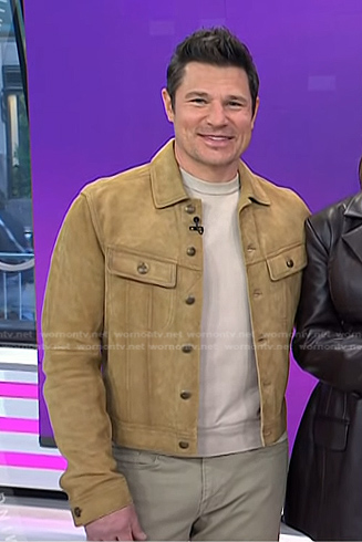 Nick Lachey’s beige suede trucker jacket on Today