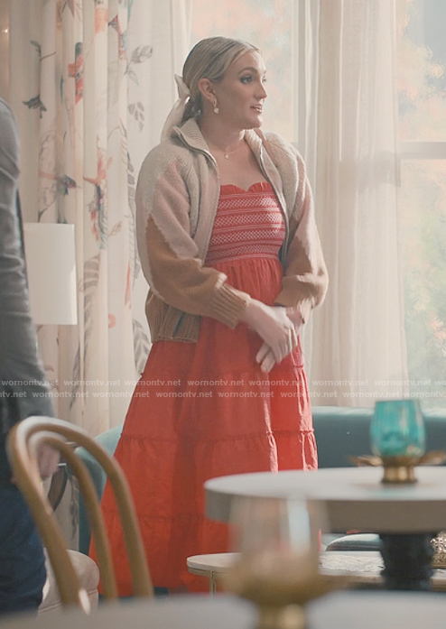 Noreen’s red embroidered dress and cardigan on Sweet Magnolias