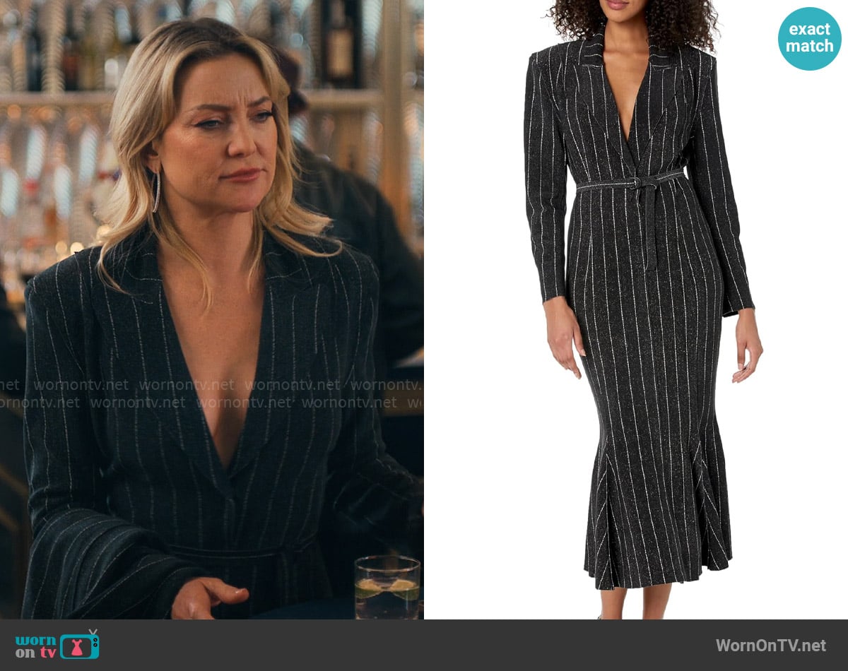 Norma Kamali Single Breasted Fishtail Dress in Woven Pinstripe worn by Isla Gordon (Kate Hudson) on Running Point