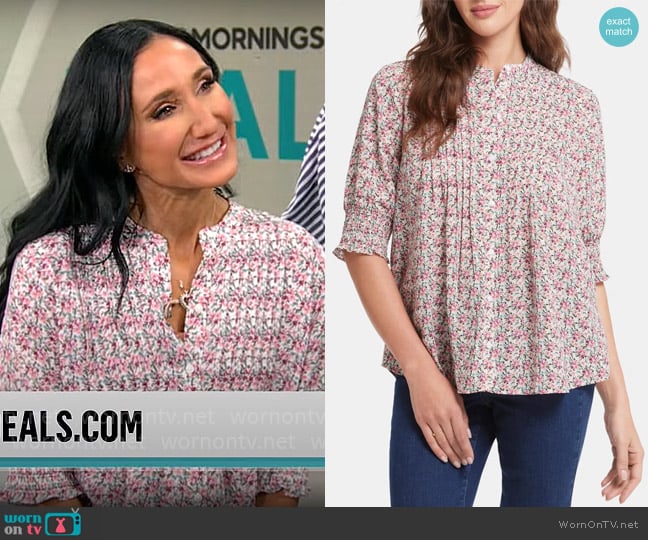 NYDJ Pleated Peasant Blouse in Woodland Blooms worn by Elizabeth Werner on CBS Mornings