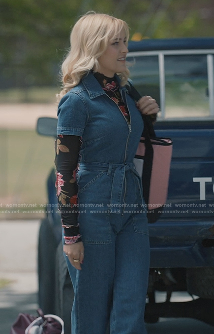 Olivia’s denim jumpsuit and floral mesh top on Sweet Magnolias