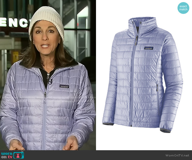 Patagonia Nano Puff Insulated Jacket in Pale Periwinkle worn by Janet Shamlian on CBS Evening News