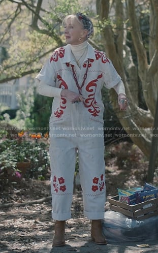 Paula’s white embroidered jumpsuit on Sweet Magnolias
