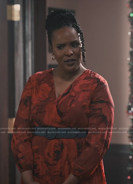 Peggy’s red rose print wrap dress on Sweet Magnolias
