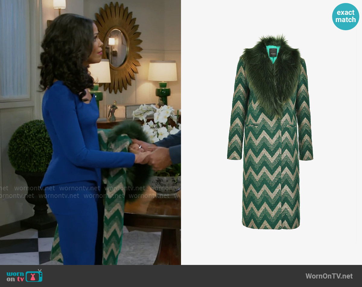 Pinko Libra Chevron-jacquard Coat With Faux-fur Collar worn by Dani Dupree (Karla Mosley) on Beyond the Gates