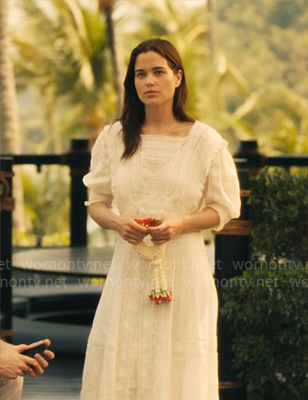 Piper’s white lace inset dress on The White Lotus