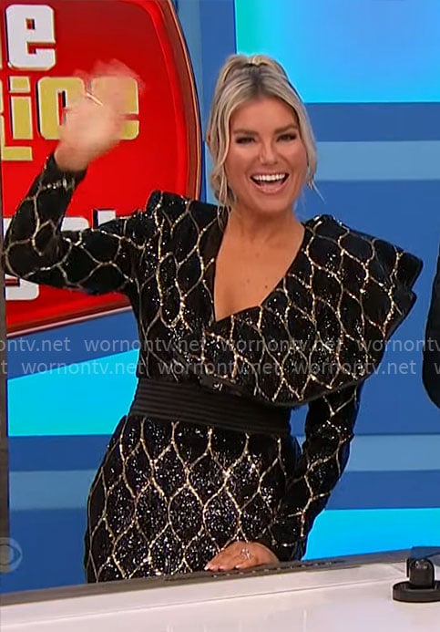 Rachel’s black and gold sequin mini dress on The Price is Right