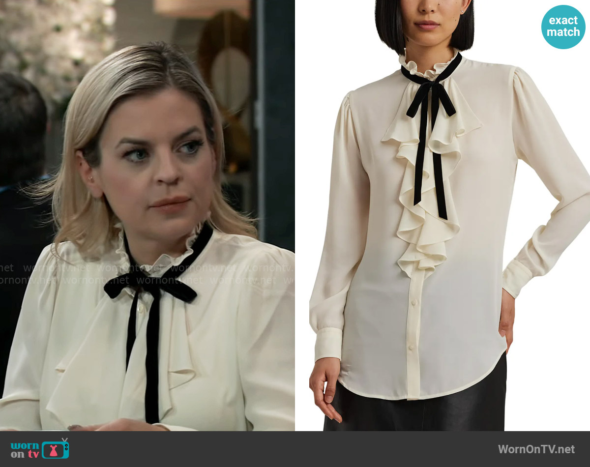 LAUREN Ralph Lauren Ruffle Trim Georgette Button-Up Shirt worn by Maxie Jones (Kirsten Storms) on General Hospital