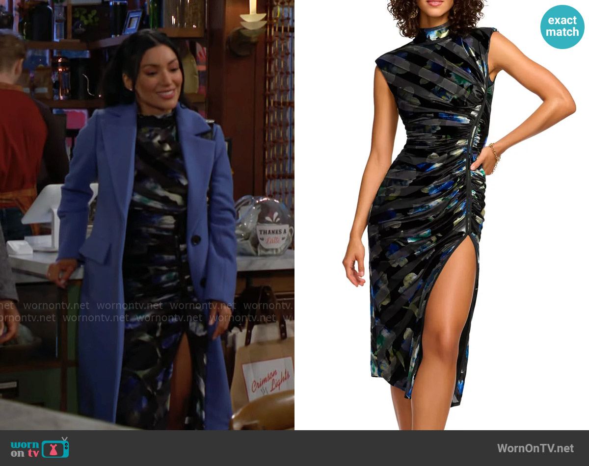 Ramy Brook Hallie Dress in Lapis Floral worn by Audra Charles (Zuleyka Silver) on The Young and the Restless