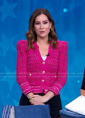 Rebecca’s pink v-neck plaid cardigan on Good Morning America