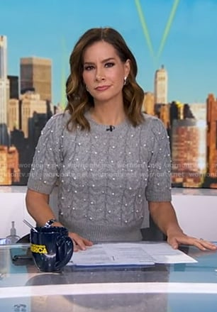 Rebecca’s grey pearl embellished sweater on Good Morning America