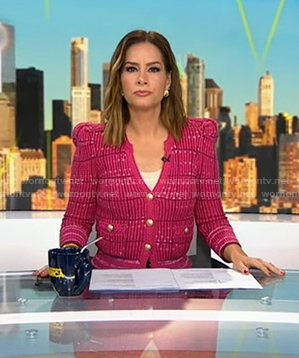Rebecca’s pink v-neck plaid cardigan on Good Morning America
