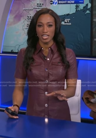 Brittany’s burgundy short sleeve leather dress on Good Morning America