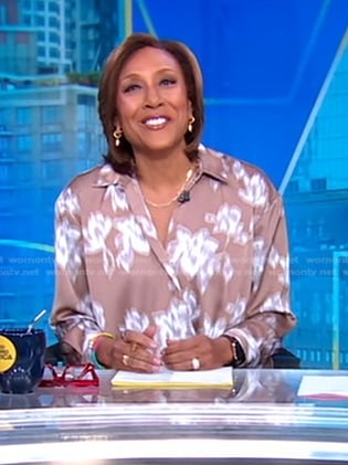 Robin’s beige print wrap blouse on Good Morning America