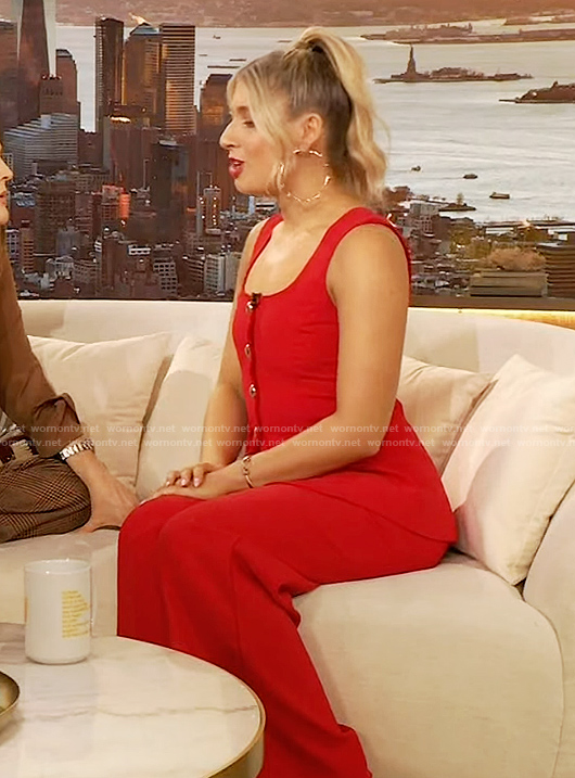 Sabrina Brier’s red sleeveless jumpsuit on The Drew Barrymore Show
