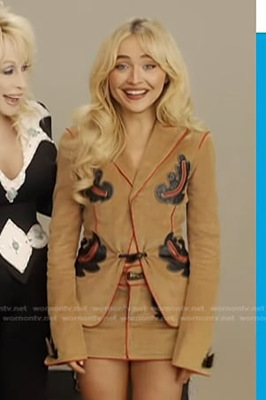 Sabrina Carpenter’s beige suede jacket and mini skirt on Today