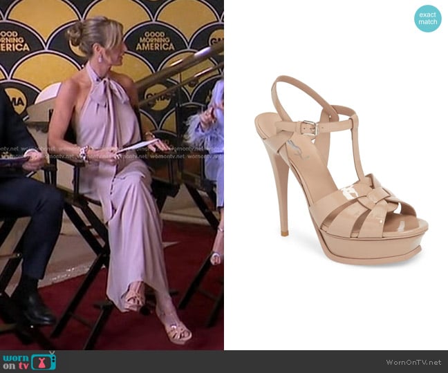 Saint Laurent Tribute T-Strap Platform Sandal in Nude Rose worn by Lara Spencer on Good Morning America