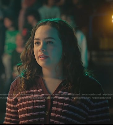 Samantha’s burgundy striped cardigan on Cobra Kai