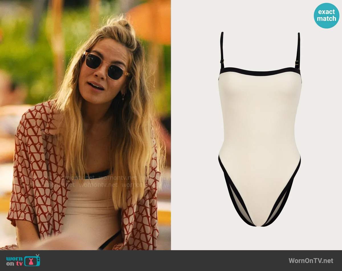 SAME Colorblock One Piece in Faux Suede Cream / Black worn by Jaclyn Lemon (Michelle Monaghan) on The White Lotus