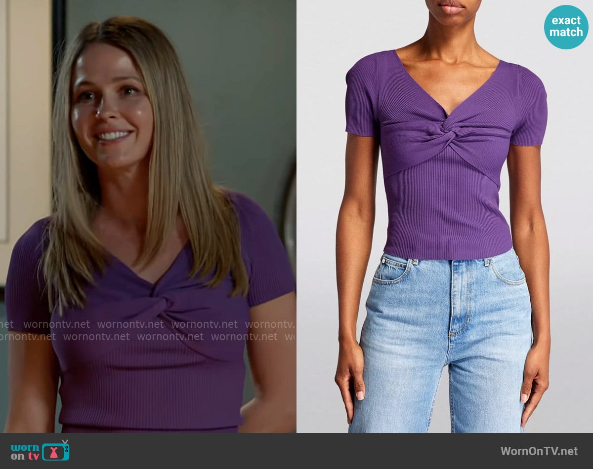 Sandro Twist-front cropped ribbed-knit top worn by Lyla 'Lizzy' Novak (Jocelyn Hudon) on Chicago Fire