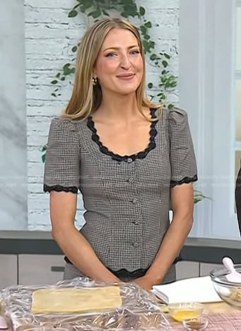 Sarah Fennel’s check lace trim jacket and pants on Today