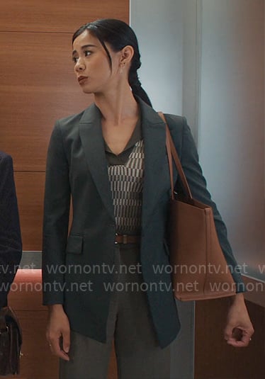 Sarah’s green printed knit top with charcoal blazer on Matlock
