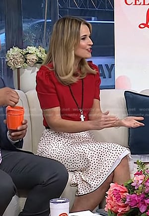 Savannah’s red ruffle shoulder top and heart print skirt on Today