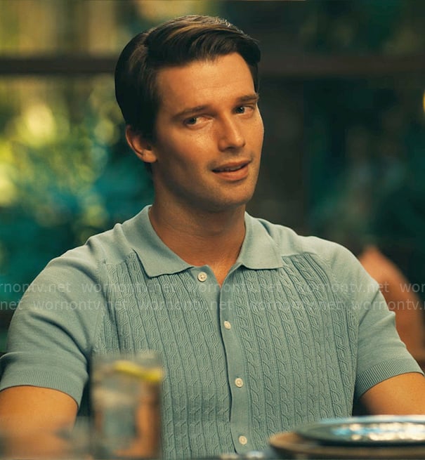 Saxon’s blue cable-knit shirt on The White Lotus