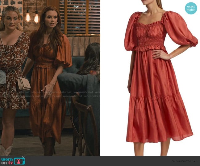 Sea Kyle Puff Sleeve Silk Midi Dress worn by Maddie Townsend (JoAnna Garcia Swisher) on Sweet Magnolias