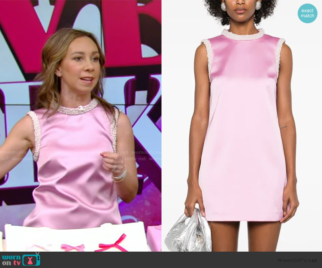 Self Portrait Pink Pearl Trim Satin Mini Dress worn by Shannon Doherty on Live with Kelly and Mark