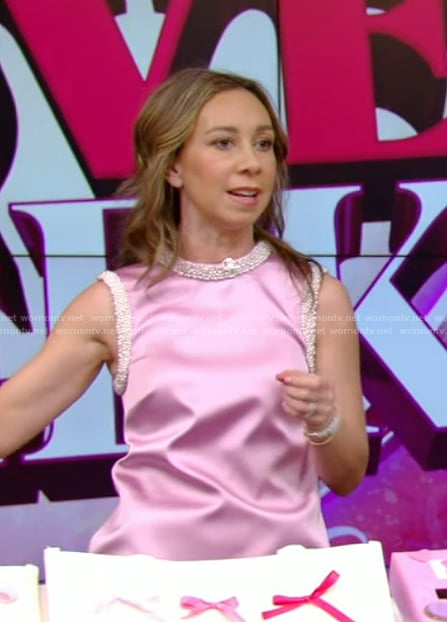 Shannon Doherty’s pink embellished trim dress on Live with Kelly and Mark