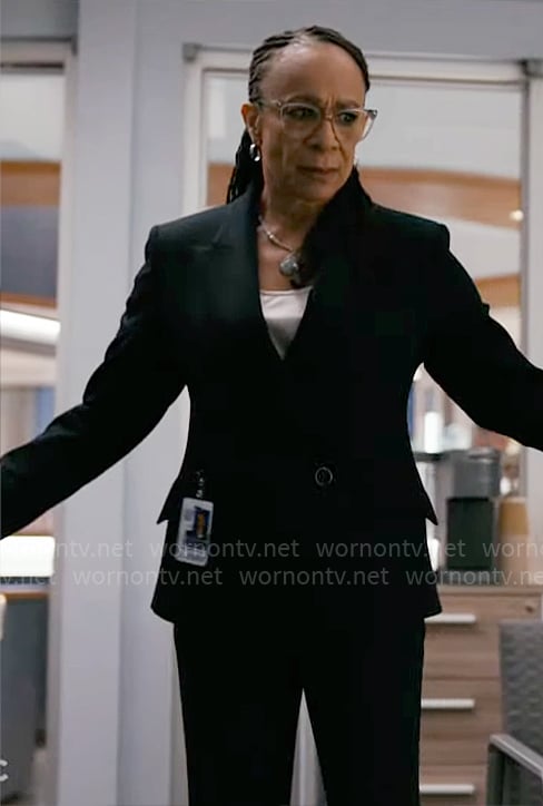 Sharon’s black asymmetric blazer on Chicago Med