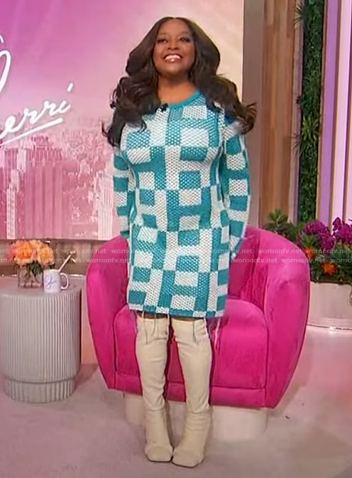 Sherri’s crochet knit mini dress on Sherri