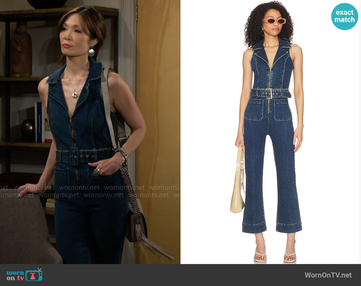 Show Me Your Mumu Jacksonville Jumpsuit in Lunar Blue worn by Penelope Poppy Nozawa (Romy Park) on The Bold and the Beautiful