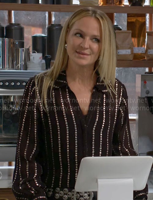 Sharon’s black metallic star stripe shirt on The Young and the Restless