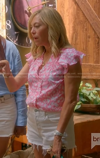 Sutton’s pink printed ruffle top on The Real Housewives of Beverly Hills
