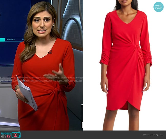 Tahari ASL Side Knot Long Sleeve Knit Dress in Rouge worn by Rana Novini on NBC News Daily