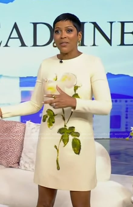Tamron’s white floral print long sleeve mini dress on Tamron Hall Show