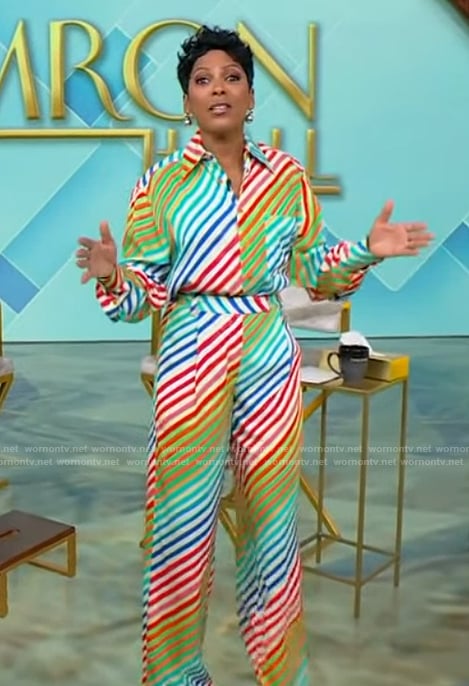 Tamron’s multicolored stripe blouse and pants on Tamron Hall Show