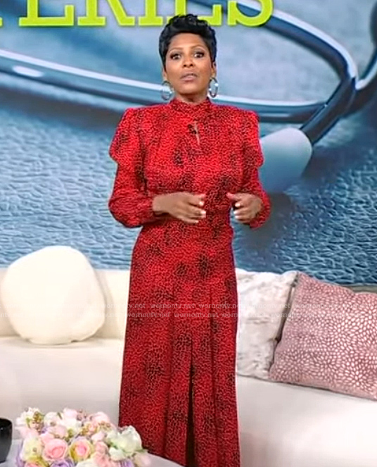 Tamron’s red printed mock neck dress on Tamron Hall Show