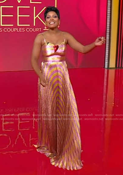 Tamron’s metallic stripe maxi dress on Tamron Hall Show