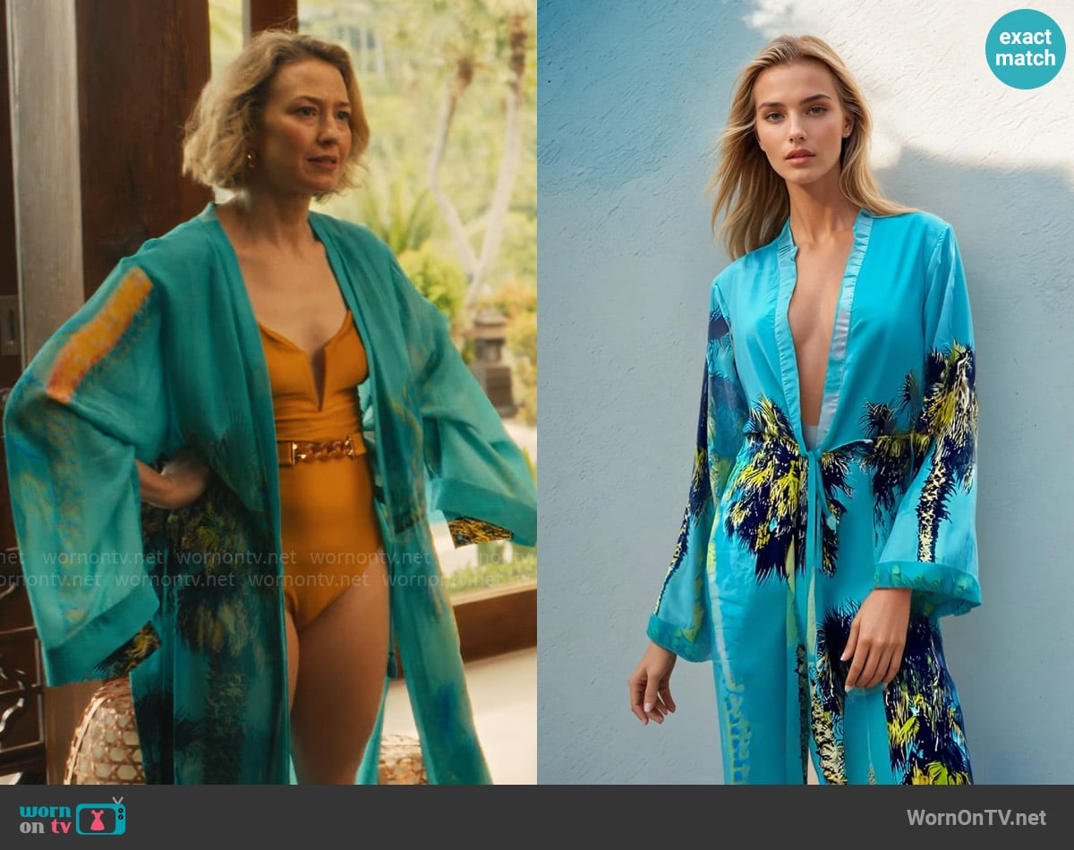 Tara Matthews Mare e Sole Aqua Tropical Palms Kimono worn by Laurie (Carrie Coon) on The White Lotus
